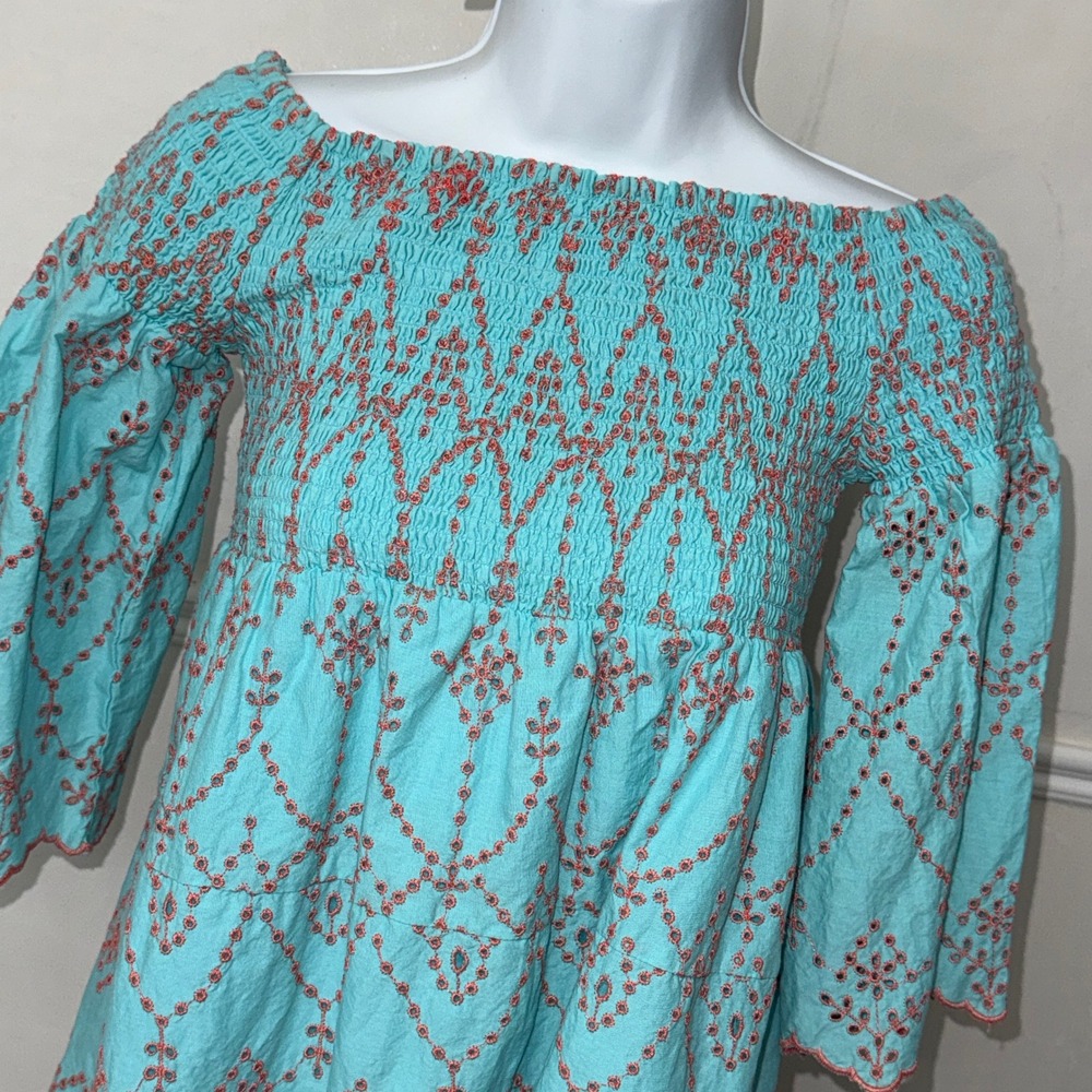 Modaposa Turquoise Cotton Embroidered Off Shoulder Smocked Boho Mini Dress L